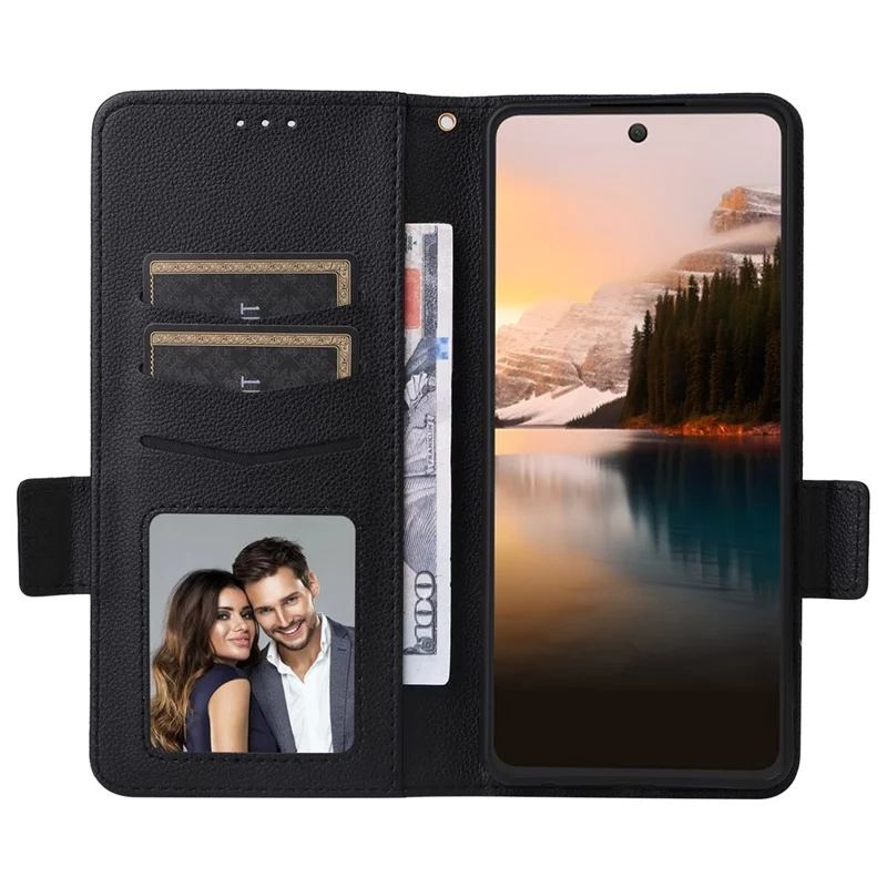 Für TCL 40 NxtPaper Case Stoßfest Litchi-Textur PU-Leder Geldbörse Handyhülle mit Riemen - Schwarz