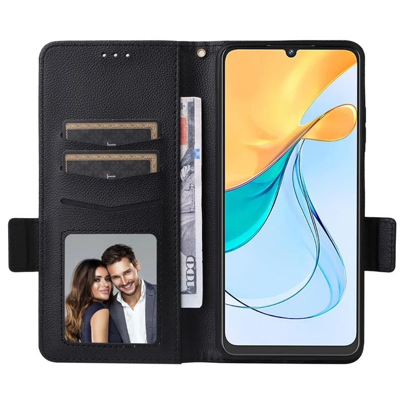 For ZTE Blade V50 Vita Magnetic Case Litchi Texture PU Leather Flip Stand Phone Cover - Black