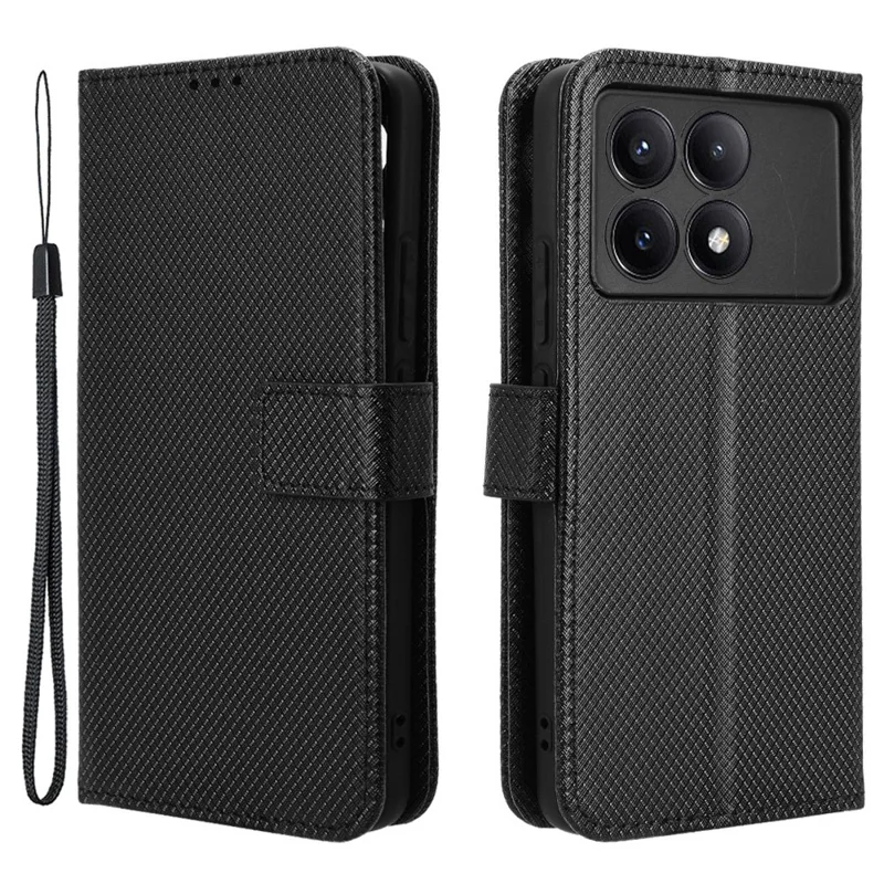 Etui na telefon do Xiaomi Redmi K70E 5G / Poco X6 Pro 5G z portfelem, paskiem na nadgarstek, szczelinami na karty, skórzane etui - Czarny