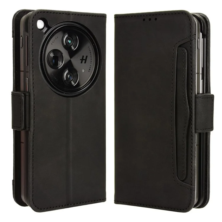Para Oppo Find N3 5G / OnePlus Open Funda protectora de cuero PU con soporte y ranuras para tarjetas - Negro