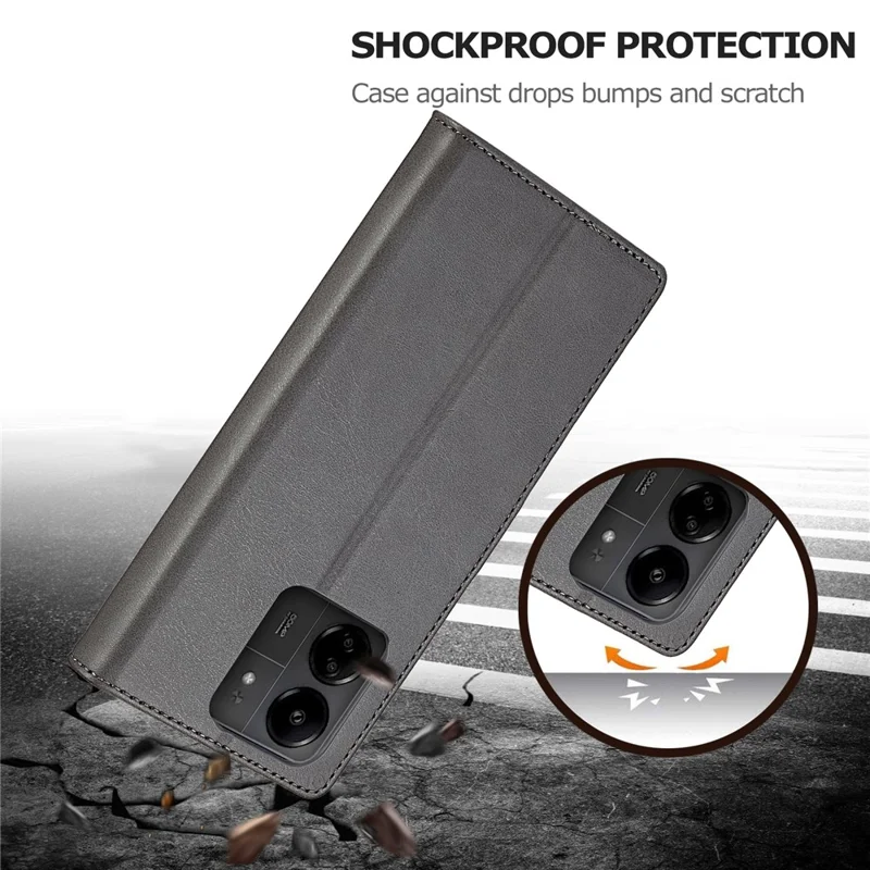LC.IMEEKE Per Xiaomi Redmi 13C 4G / 5G / 13R 5G / Poco M6 5G / Poco C65 4G Custodia Magnetica per Telefono in Pelle Texture Vitello - Grigia