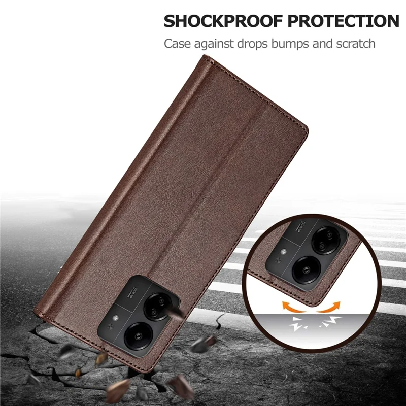LC.IMEEKE For Xiaomi Redmi 13C 4G / 5G / 13R 5G / Poco M6 5G / Poco C65 4G Magnetic Phone Case Calf Texture Leather Wallet Cover - Brown