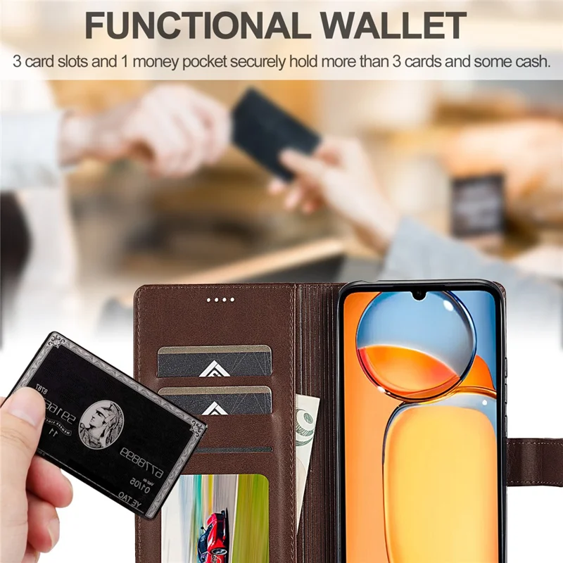 LC.IMEEKE For Xiaomi Redmi 13C 4G / 5G / 13R 5G / Poco M6 5G / Poco C65 4G Magnetic Phone Case Calf Texture Leather Wallet Cover - Brown