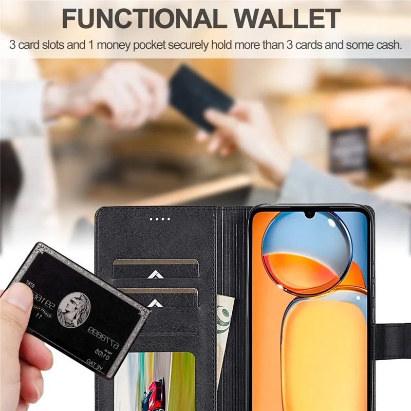 LC.IMEEKE For Xiaomi Redmi 13C 4G / 5G / 13R 5G / Poco M6 5G / Poco C65 4G Magnetic Phone Case Calf Texture Leather Wallet Cover - Black