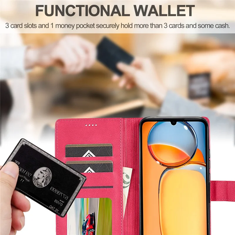 LC.IMEEKE For Xiaomi Redmi 13C 4G / 5G / 13R 5G / Poco M6 5G / Poco C65 4G Magnetic Phone Case Calf Texture Leather Wallet Cover - Rose
