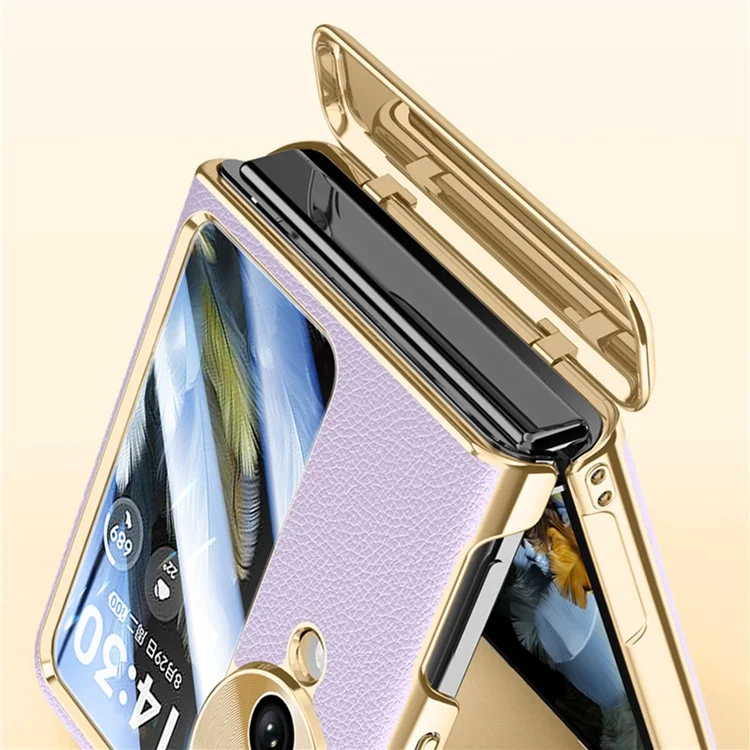Для Oppo Найти N3 Flip 5G Case Leather+PC High Hinge Collepting Phone Cope с Измельченной Стеклянной Пленкой - Черный