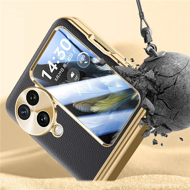 Для Oppo Найти N3 Flip 5G Case Leather+PC High Hinge Collepting Phone Cope с Измельченной Стеклянной Пленкой - Черный