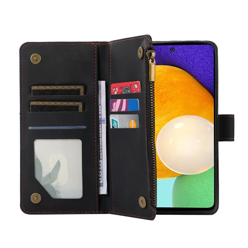 For Samsung Galaxy A73 5G Cell Phone Case Anti-drop 9 Card Slots Wallet Cover with Wrist Strap - Black