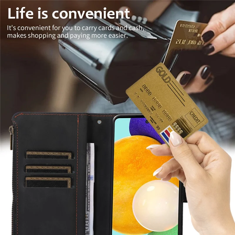 For Samsung Galaxy A73 5G Cell Phone Case Anti-drop 9 Card Slots Wallet Cover with Wrist Strap - Black