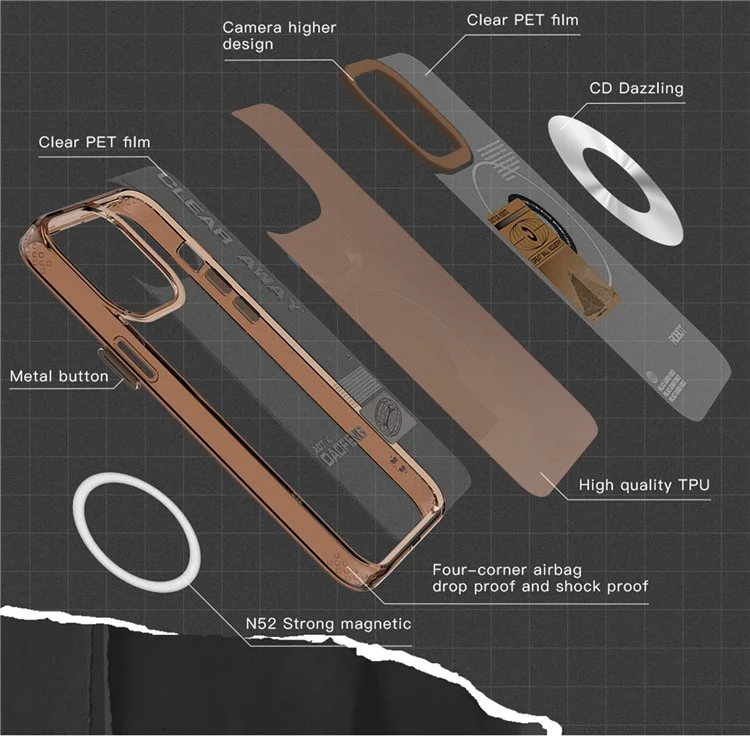 TGVI'S Space Series Per iPhone 15 Pro Max Case Compatibile con MagSafe Retro CD Pattern TPU+PET Phone Shell - Grigio