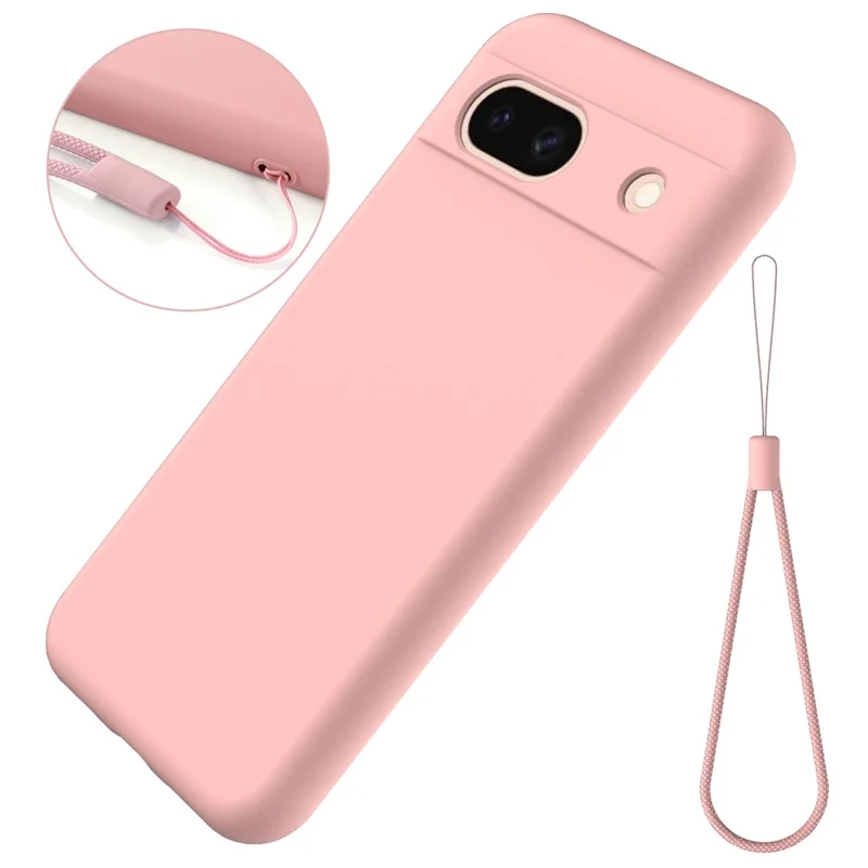 For Google Pixel 8a Cell Phone Case Soft Lining Scratch-proof Liquid Silicone Cover with Strap - Pink