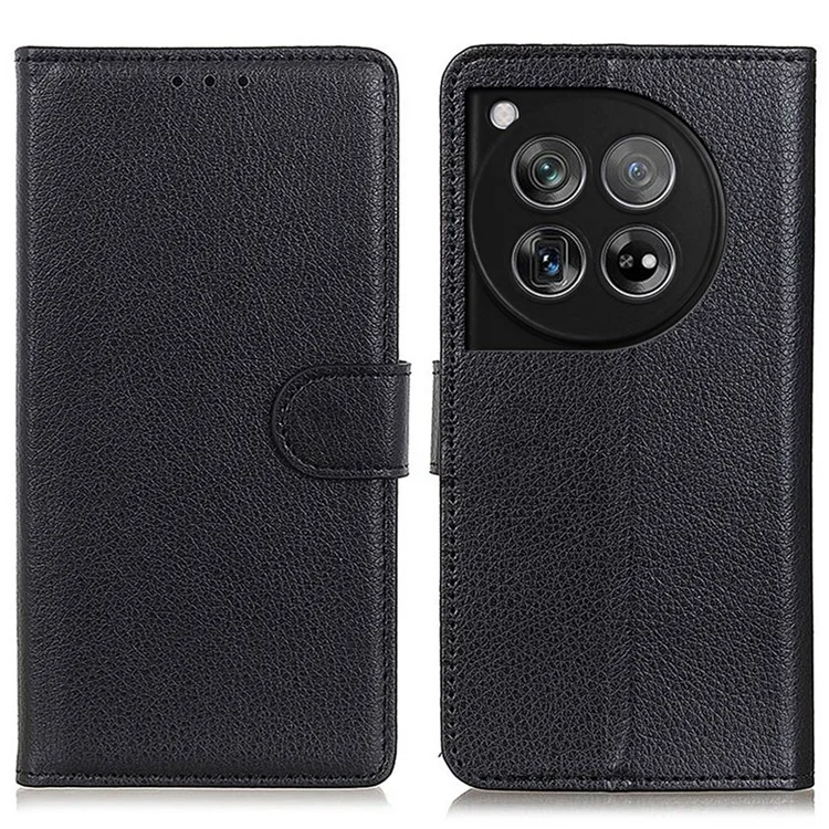 Para OnePlus 12 5G Classic Litchi Grain Leather Case Phone Wallet Cover - Preto