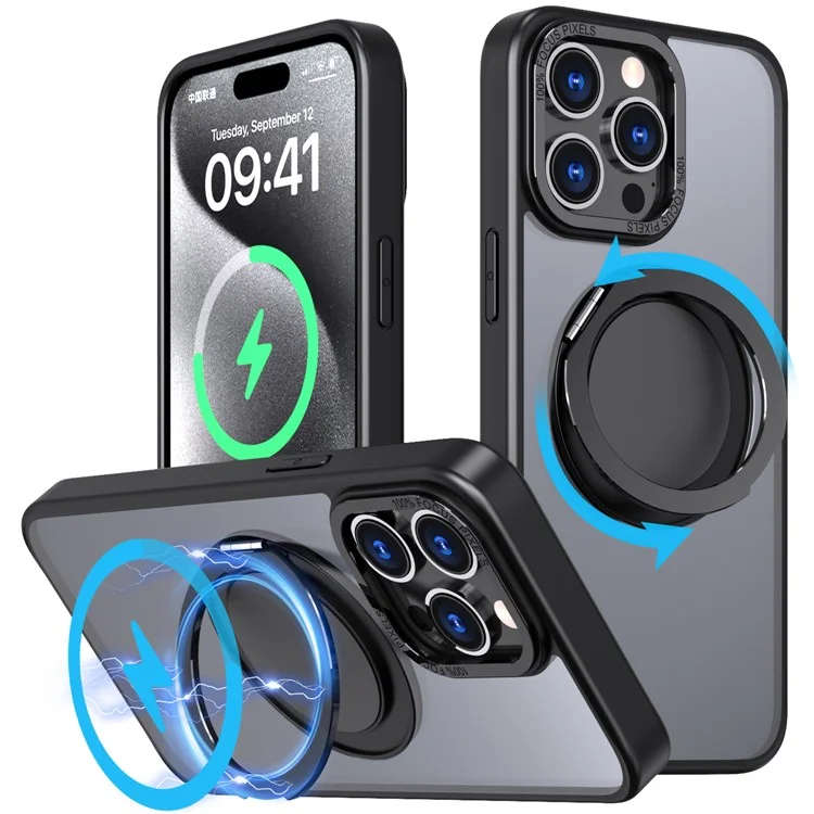 Чехол с подставкой для iPhone 15 Pro, магнитная телефонная крышка, невидимая шестерня - черная