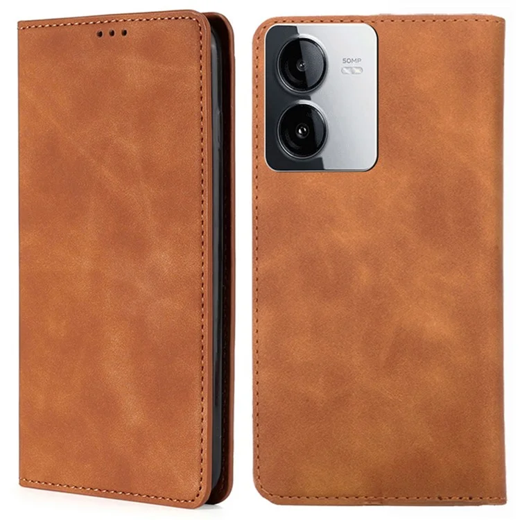 Para o vivo iQOO Z8x 5G / Y78t 5G Capa de Telefone, Slots para Cartão, Capa de Couro com Suporte, Flip Cover - Marrom Claro