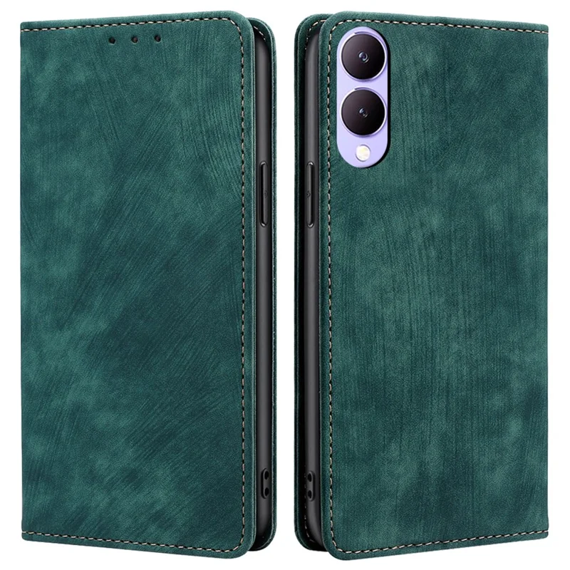 For vivo Y17s 4G Leather Case Anti-scratch RFID Blocking Phone Stand Cover with Magnetic Closure - Green
