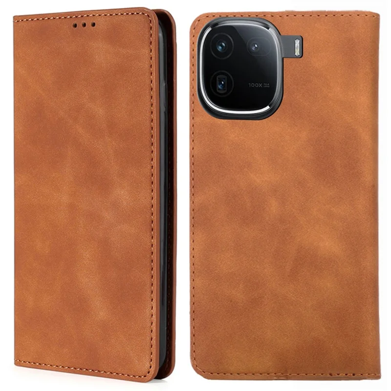 Leather Case for vivo iQOO 12 5G Folding Stand Cover with Card Slots - Light Brown