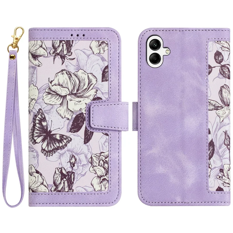 For Samsung Galaxy A05 4G Flower Leather Case with Card Holder Stand - Light Purple