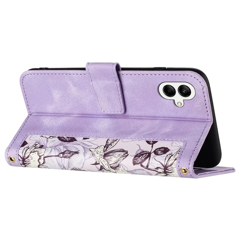 For Samsung Galaxy A05 4G Flower Leather Case with Card Holder Stand - Light Purple