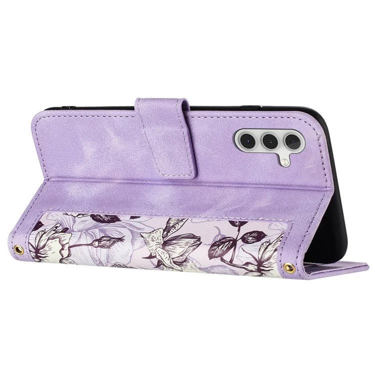 For Samsung Galaxy A35 5G Leather Stand Case Card Holder Flower Pattern - Light Purple