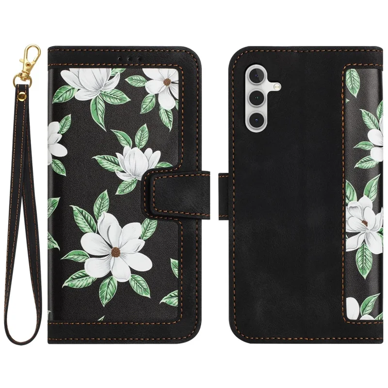 For Samsung Galaxy A05s 4G Phone Case PU Leather Card Holder Flower Pattern - Black