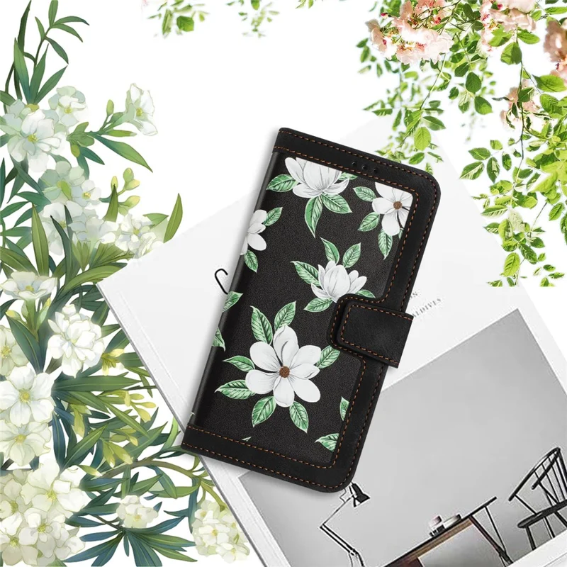 For Samsung Galaxy A05s 4G Phone Case PU Leather Card Holder Flower Pattern - Black