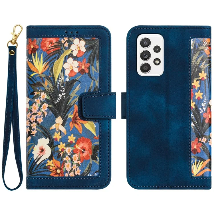 For Samsung Galaxy A72 4G / 5G Flower Print Leather Case Card Holder Stand Cover - Dark Blue