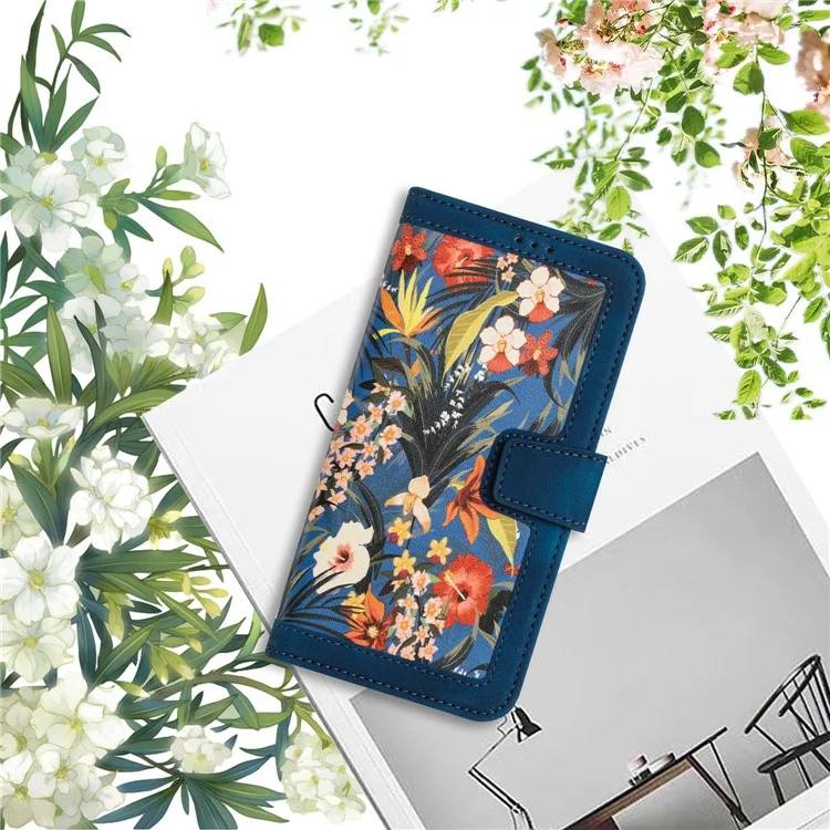 For Samsung Galaxy A72 4G / 5G Flower Print Leather Case Card Holder Stand Cover - Dark Blue