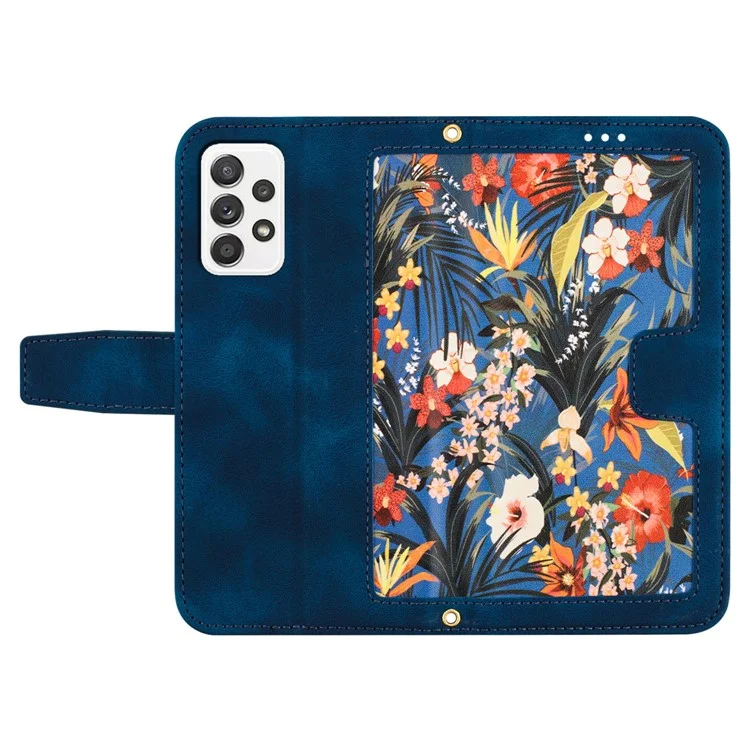 For Samsung Galaxy A72 4G / 5G Flower Print Leather Case Card Holder Stand Cover - Dark Blue