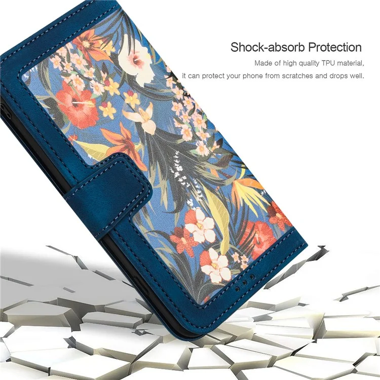 For Samsung Galaxy A72 4G / 5G Flower Print Leather Case Card Holder Stand Cover - Dark Blue