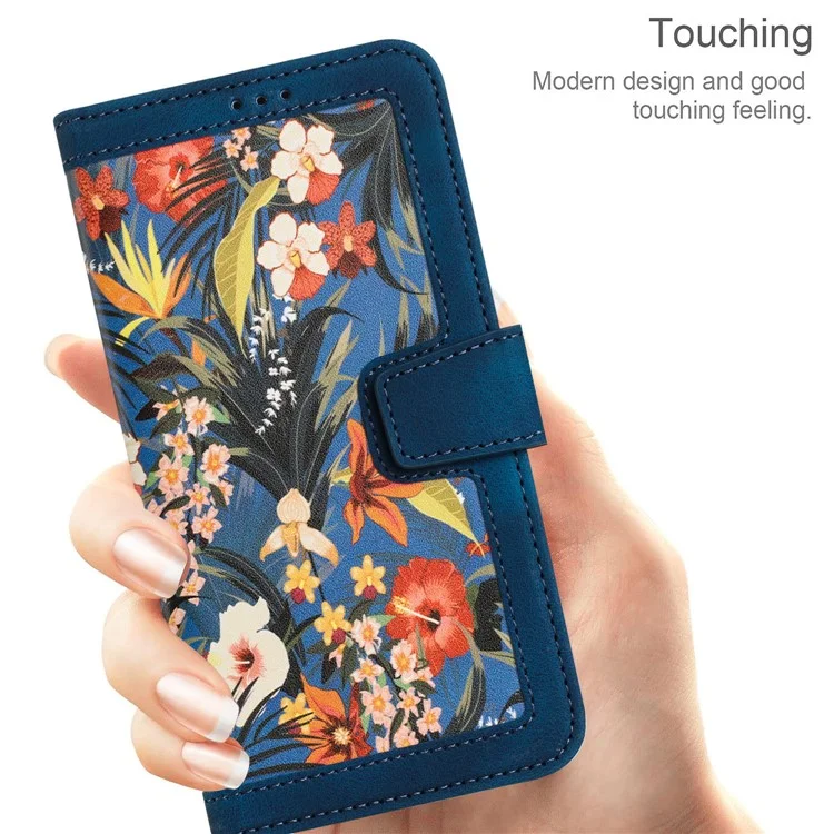 Para Samsung Galaxy A72 4G / 5G Funda de Piel con Estampado Floral y Soporte para Tarjetas - Azul Oscuro