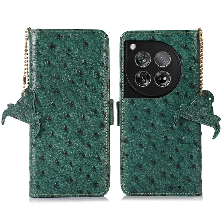 Для OnePlus 12 5G Ostrich Pattern Phone Case Genuine Cow Leather Wallet - Green