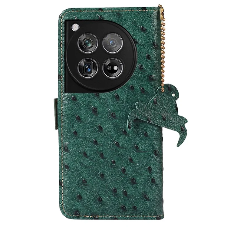 Для OnePlus 12 5G Ostrich Pattern Phone Case Genuine Cow Leather Wallet - Green