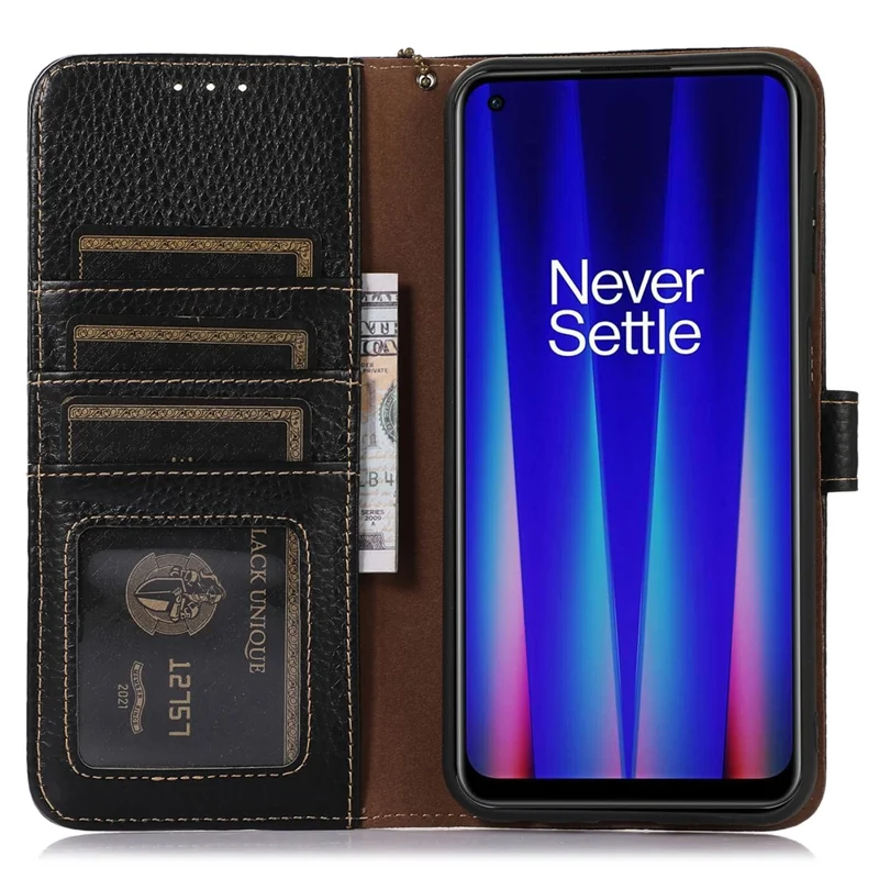 Voor OnePlus 12 5G Echt Rundleer Hoofd met Litchi-structuur Hoesje RFID-blokkering - Zwart