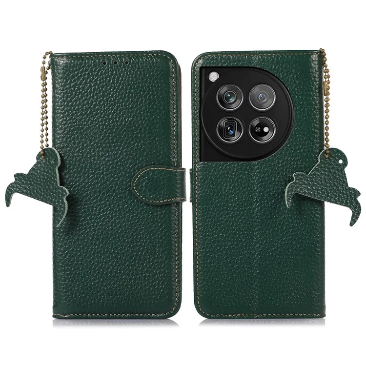 Per OnePlus 12 5G Genuine Cow Leather Lychee Texture Case RFID Blocking - Verde