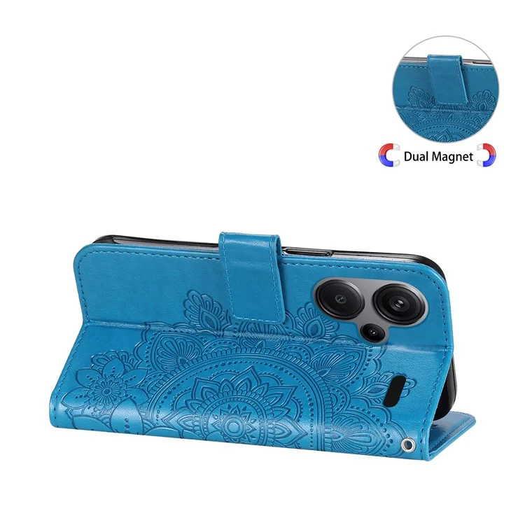 For Xiaomi Redmi Note 13 Pro+ 5G Case Floral Pattern PU Leather Wallet Stand Phone Cover - Blue