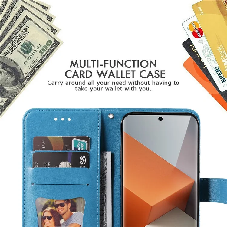 For Xiaomi Redmi Note 13 Pro+ 5G Case Floral Pattern PU Leather Wallet Stand Phone Cover - Blue