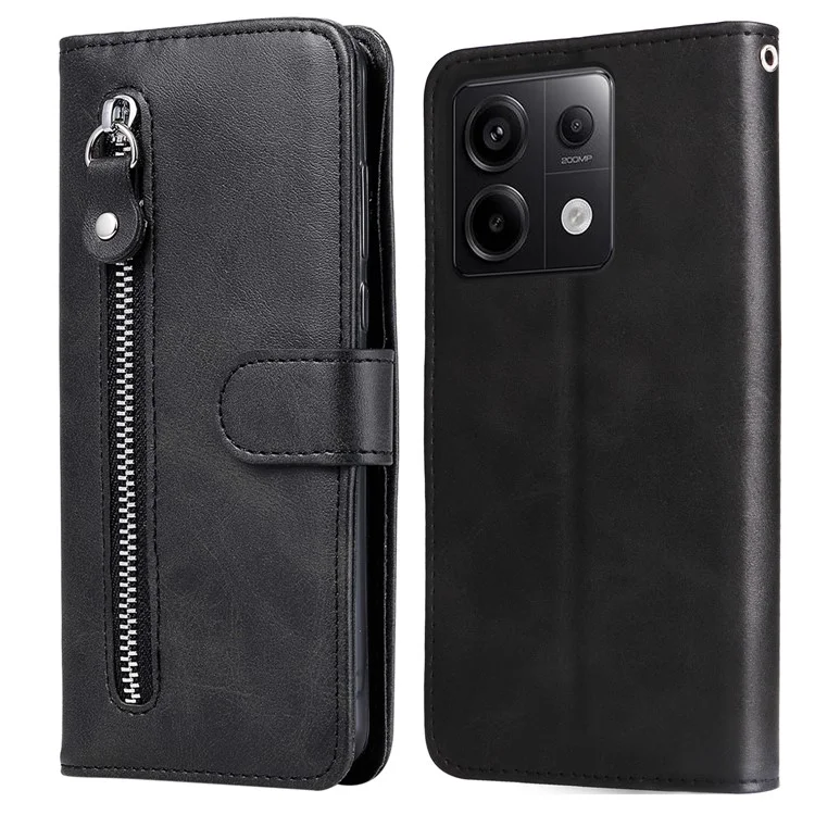 Для Xiaomi Redmi Note 13 Pro 5G / Poco X6 5G - Кожаный чехол-бумажник с застежкой-молнией и подставкой - Черный