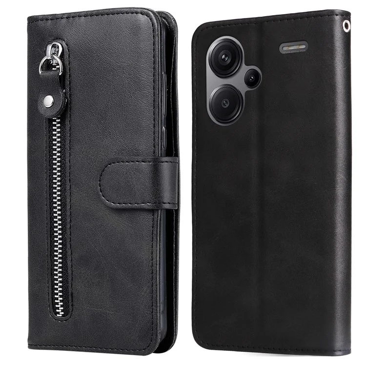 Para Xiaomi Redmi Note 13 Pro+ 5G Case Stand Calf Texture Leather Cover Zipper Wallet - Preto