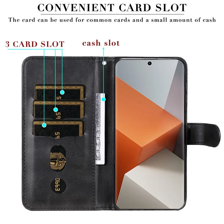 Para Xiaomi Redmi Note 13 Pro+ 5G Case Stand Calf Texture Leather Cover Zipper Wallet - Preto