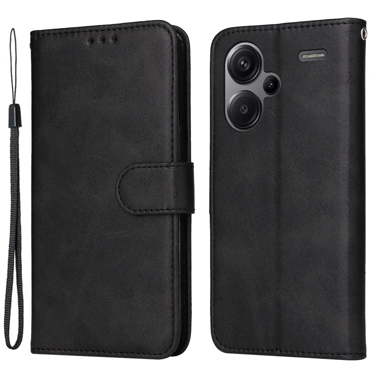 Para Xiaomi Redmi Note 13 Pro+ 5G Leather Case Stand Cover Card Holder with Strap - Black