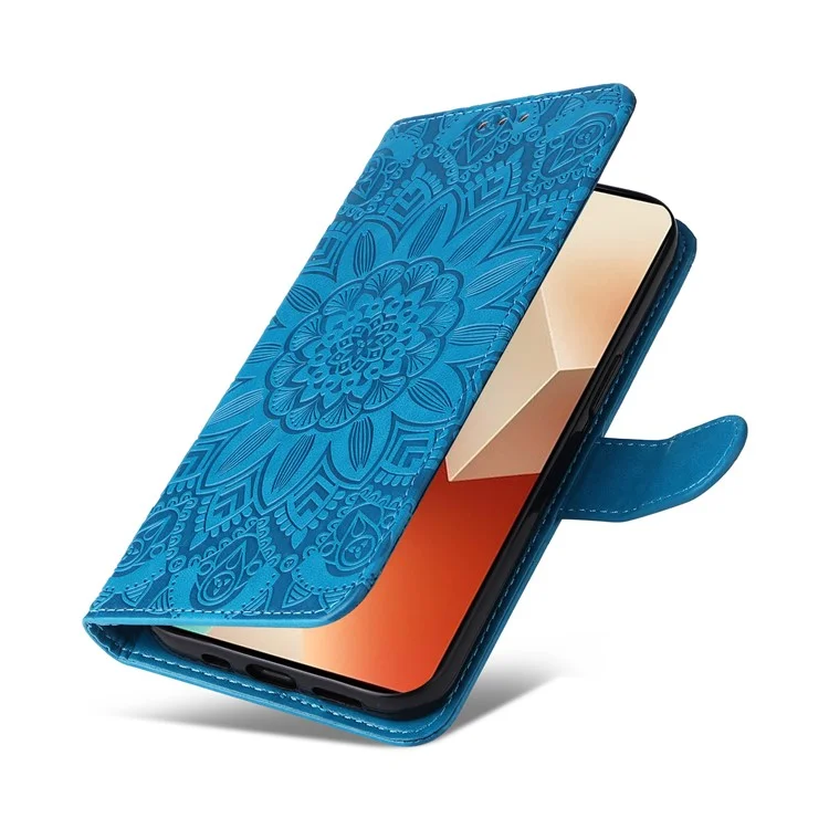 Pour Xiaomi Redmi Note 13 5G Case Sunflower Pattern Leather Phone Wallet Stand Cover - Bleu