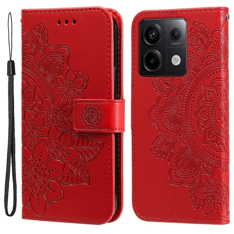 For Xiaomi Redmi Note 13 Pro 5G / Poco X6 5G Case Floral Pattern PU Leather Wallet Stand Phone Cover - Red