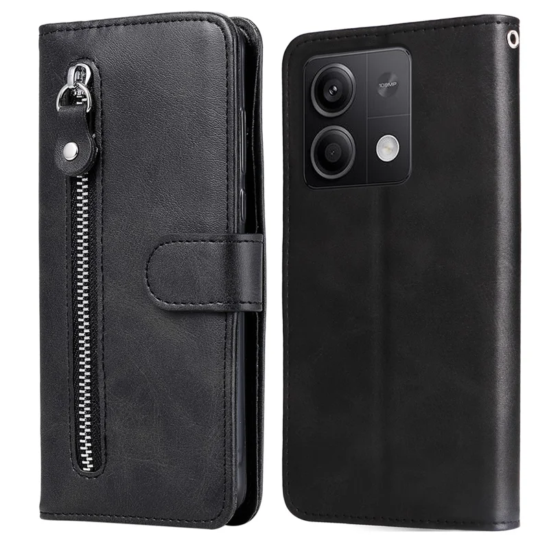 For Xiaomi Redmi Note 13 5G Leather Case Zipper Wallet Calf Texture Phone Stand Cover - Black