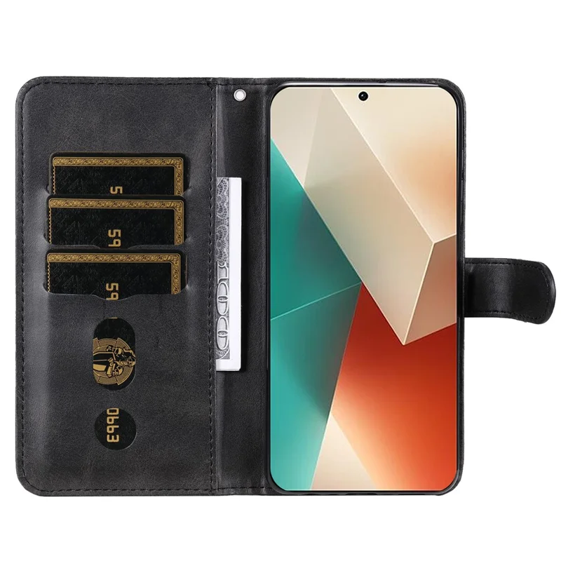 For Xiaomi Redmi Note 13 5G Leather Case Zipper Wallet Calf Texture Phone Stand Cover - Black