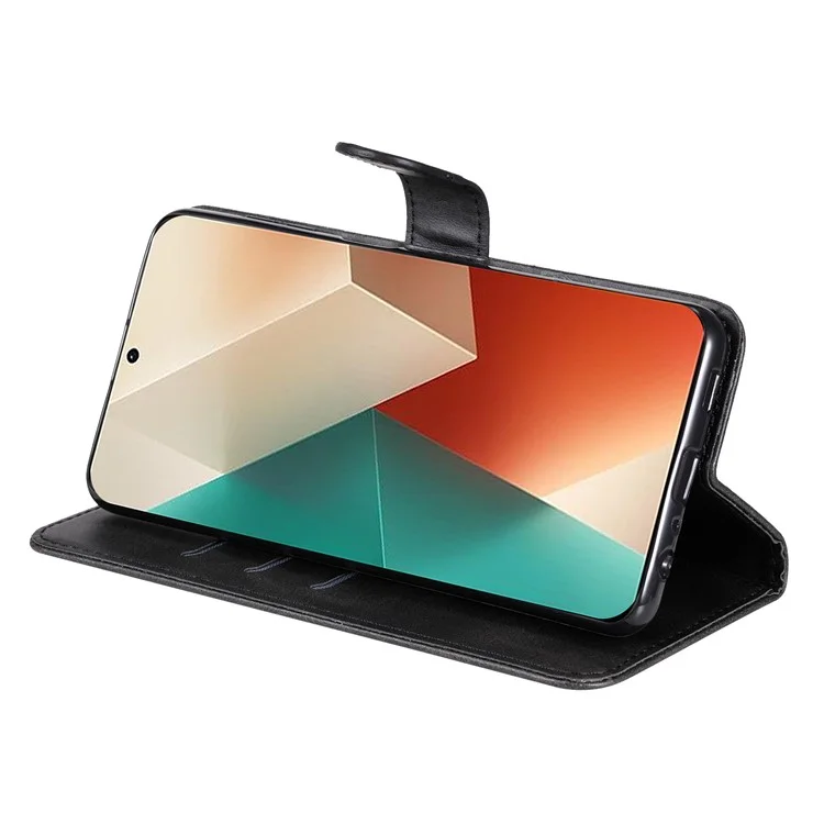 For Xiaomi Redmi Note 13 5G Leather Case Zipper Wallet Calf Texture Phone Stand Cover - Black