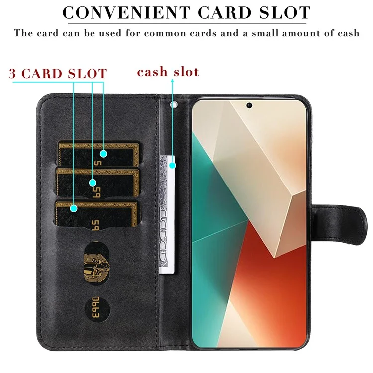 For Xiaomi Redmi Note 13 5G Leather Case Zipper Wallet Calf Texture Phone Stand Cover - Black