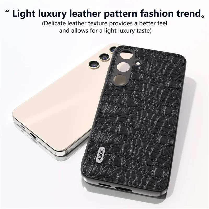 ABEEL For Samsung Galaxy S24+ Texture Case Genuine Cow Leather Coated PC+TPU Phone Cover - Black