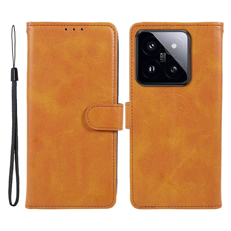 Leather Phone Shell for Xiaomi 14 Case Magnetic Clasp Calf Texture Wallet Stand Phone Cover - Khaki