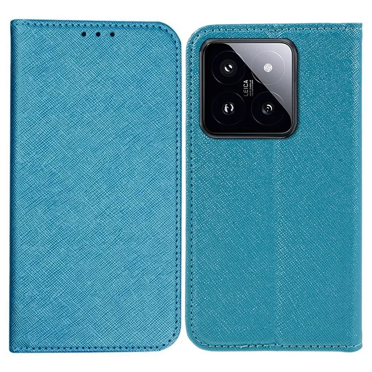 Para Xiaomi 14 Case Cross Texture Magnetic Auto Closing Drop-proof Phone Cover with Wallet Stand - Sky Blue