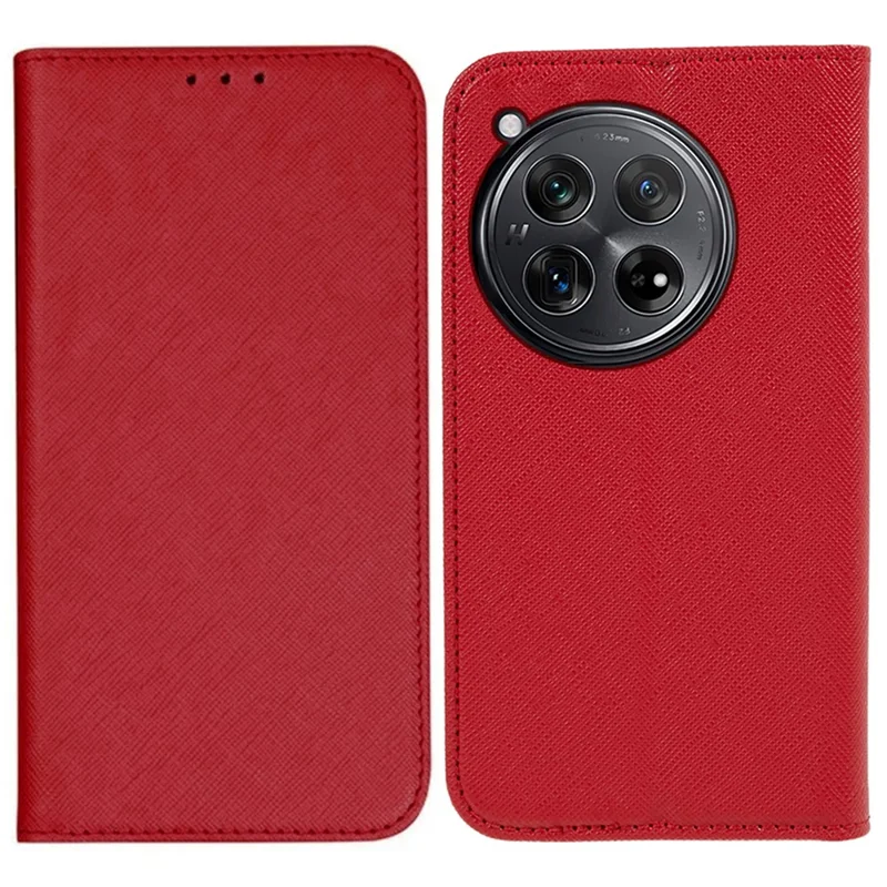 For OnePlus 12 5G Cell Phone Case Cross Texture Anti-Scratch Wallet Stand Cover PU Leather Shell - Red